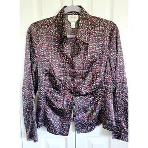 Talbots 12P 100% Silk  Floral Purple Multi Button Front Shirt Blouse‎ 12 Petite